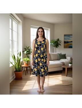 Black and Yellow Floral Print Midi Dress